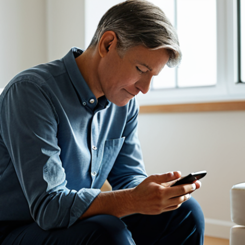 A professional adult, gender-neutral, in modest, comfortable attire, sitting peacefully in a sunlit, clean modern living room. Their hands are gently resting on their lap, and a smartphone lies face down on a nearby side table, out of focus. The person's gaze is directed calmly towards a large window, appreciating the quiet moment of digital detox. The atmosphere is serene and contemplative. Fully clothed, appropriate attire, safe for work, perfect anatomy, correct proportions, natural pose, well-formed hands, proper finger count, natural body proportions, professional photography, high quality, family-friendly, appropriate content.