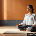 Home 18 마인드풀니스와 매일의 리셋 방법 - A serene scene of a person sitting cross-legged on a soft cushion in a quiet, sunlit room, eyes gent...