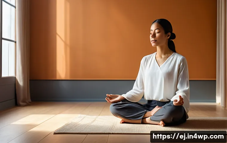 마인드풀니스와 매일의 리셋 방법 - A serene scene of a person sitting cross-legged on a soft cushion in a quiet, sunlit room, eyes gent...