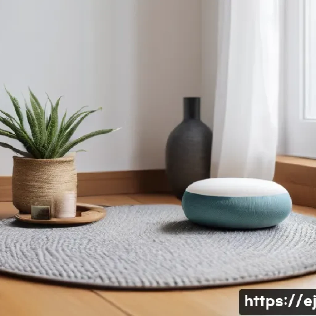 마인드풀니스로 스트레스 해소하기 - A serene indoor meditation corner bathed in soft natural light, featuring a comfortable cushion on a...