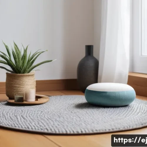 Home 29 마인드풀니스로 스트레스 해소하기 - A serene indoor meditation corner bathed in soft natural light, featuring a comfortable cushion on a...