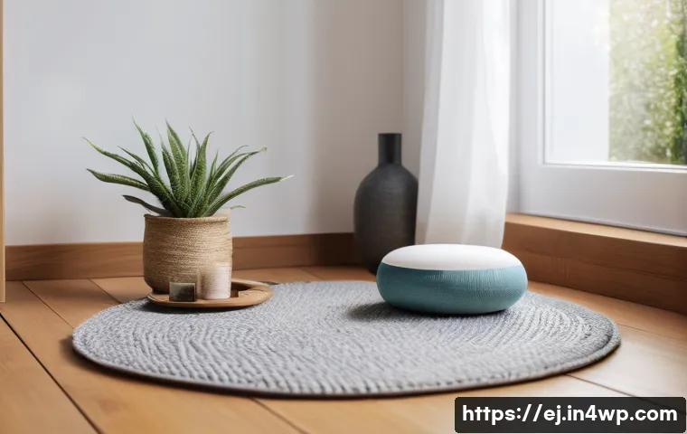 마인드풀니스로 스트레스 해소하기 - A serene indoor meditation corner bathed in soft natural light, featuring a comfortable cushion on a...