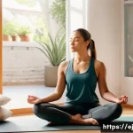 Home 16 마인드풀니스와 자아 성장의 과정 - A serene scene of a young adult sitting cross-legged on a soft mat in a sunlit room, eyes gently clo...