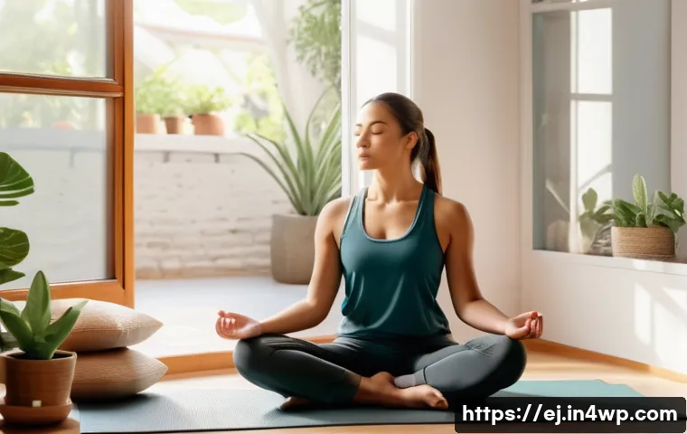 마인드풀니스와 자아 성장의 과정 - A serene scene of a young adult sitting cross-legged on a soft mat in a sunlit room, eyes gently clo...