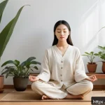 Home 21 마인드풀니스와 스트레스 관리의 관계 - A serene indoor scene of a young woman sitting cross-legged on a wooden floor in a softly lit room, ...