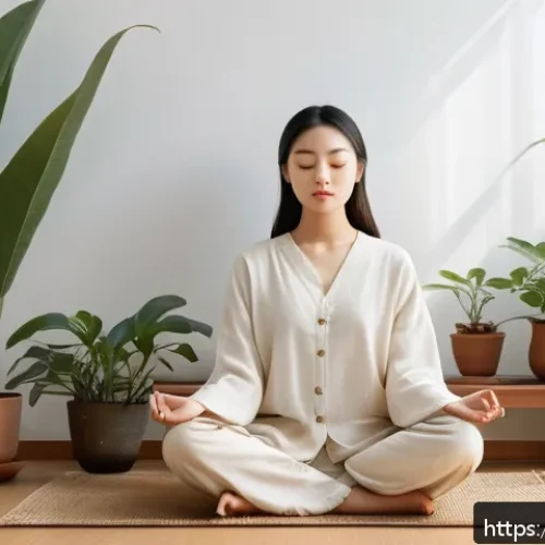 Home 15 마인드풀니스와 스트레스 관리의 관계 - A serene indoor scene of a young woman sitting cross-legged on a wooden floor in a softly lit room, ...