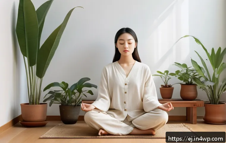 마인드풀니스와 스트레스 관리의 관계 - A serene indoor scene of a young woman sitting cross-legged on a wooden floor in a softly lit room, ...