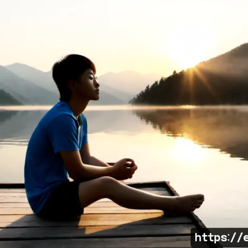 마인드풀니스 실천을 통해 얻는 인사이트 - Photorealistic sunrise scene of a young adult seated cross-legged on a quiet lakeside wooden dock, e...