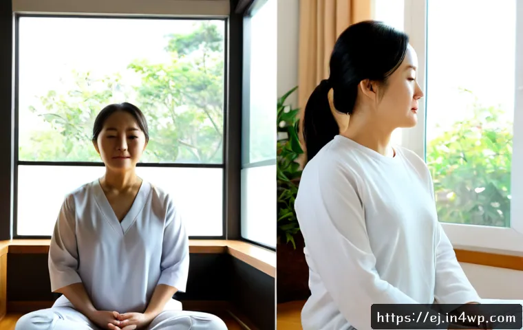 마인드풀니스 실천의 빈도와 효과 - Photorealistic split-screen comparison of the same calm middle-aged woman practicing mindfulness med...